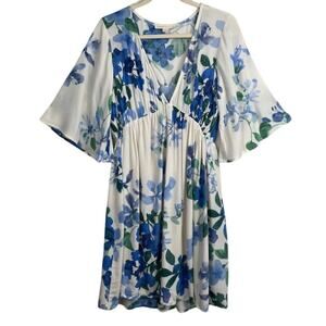 Lovestitch, White Floral V-Neck Dress Blue/Green Florals-Mini